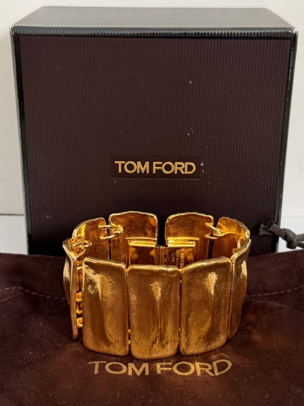 Tom Ford Crocodile Alligator Scale Link Gold Wide Flex Cuff Bracelet
